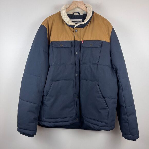 Levi's Puffer Jacket Men's XL Navy Brown Colorblock Fleece Shirttail Woodsman - Picture 1 of 11